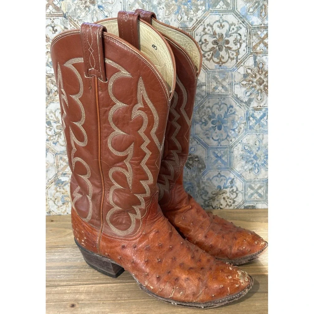 VTG El Rey Tony Lama Ostrich Full Quill Western Cowboy Boots Mens 8 Brown